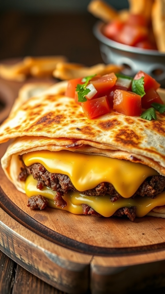 A cheesy quesadilla hamburger cut into wedges, filled with beef patty and melted cheese, garnished with salsa and guacamole.